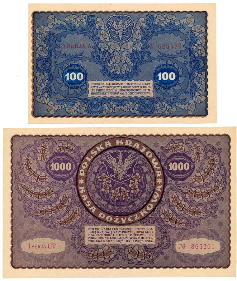 100, 1000 marek polskich 1919, zestaw 2 banknotów